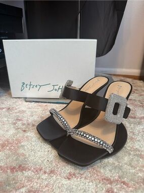 Betsey Johnson Black Rhinestone Buckle Slide Heels
